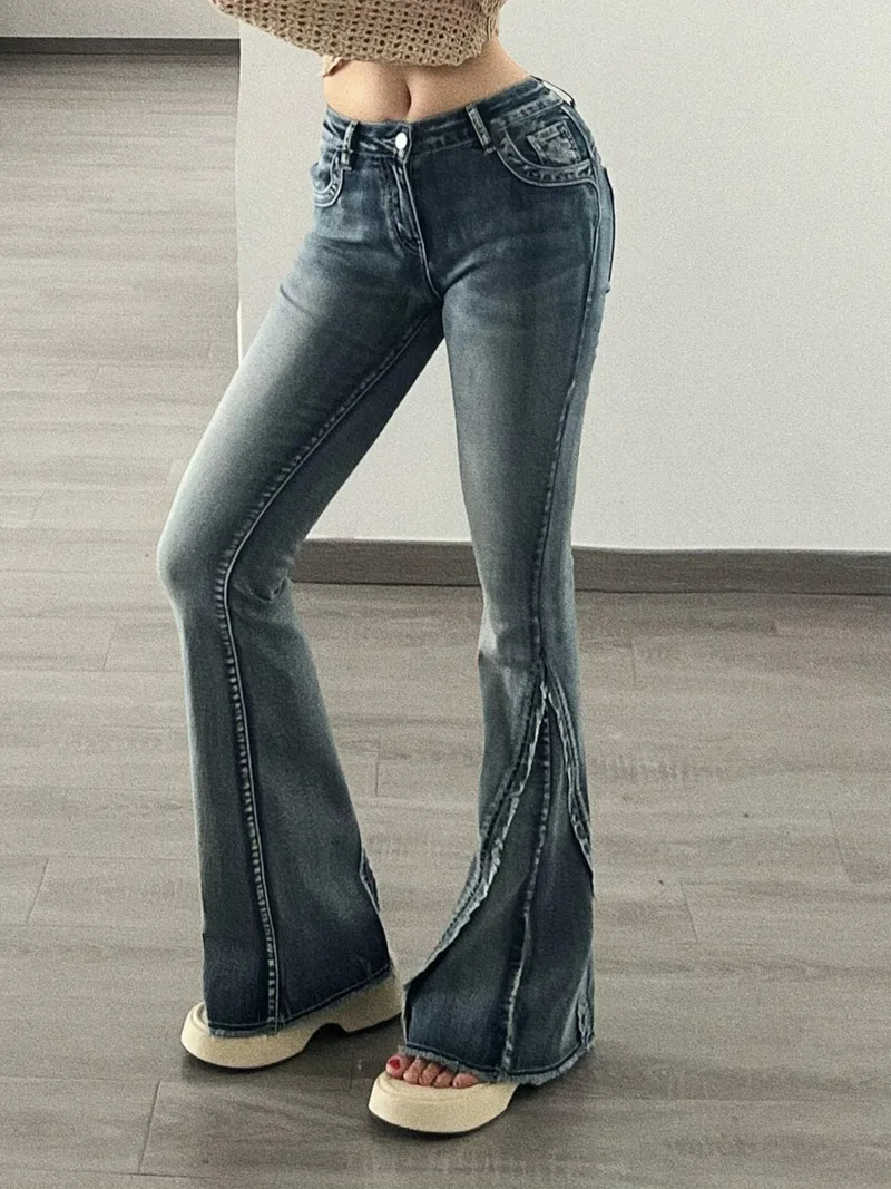 

TVVOVVIN 2023 Autumn New Cool Jeans Low Waist Denim Flared Pants New High Elastic Tight And Furry Edge Floor Mop Pants S82U