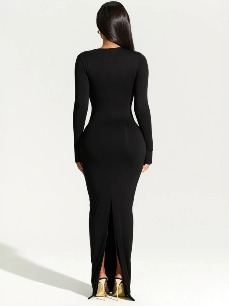 Sexy Black Evening Party Dress Women Elegant Fall Winter Outfits Asymmetrical Long Sleeve Night Club Party Split Maxi Dresses 4