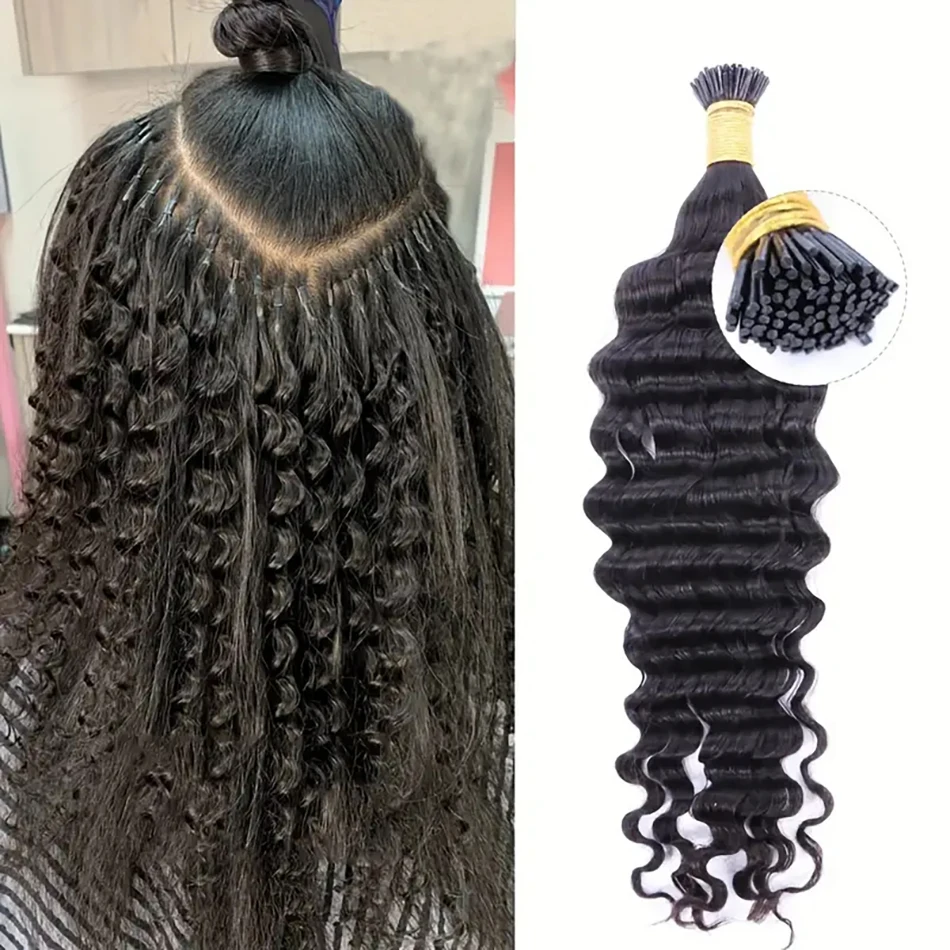 I Tip Hair Extensions Deep Wave Human Hair Extensions Natural Black Curly Real Remy Extension 50G 50Strands For Women
