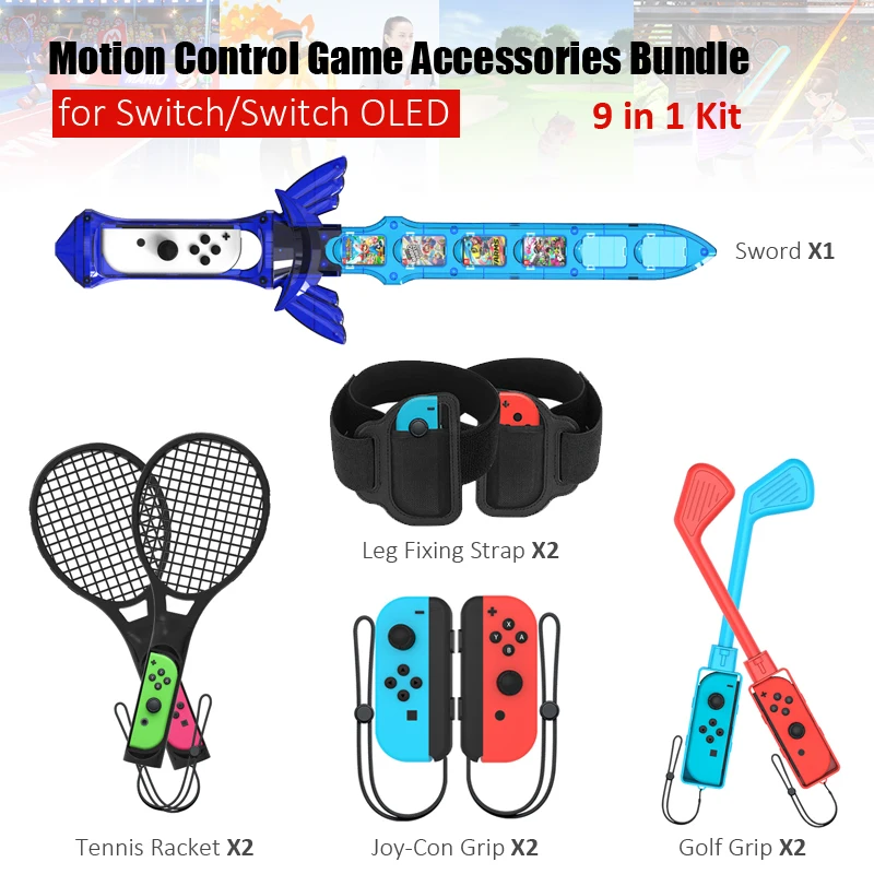 

9 in 1 Motion Control Game Accessories for Nintendo Switch Sports Golf Club/Leg Fixing Strap/Tennis Racket for NS Switch OLED