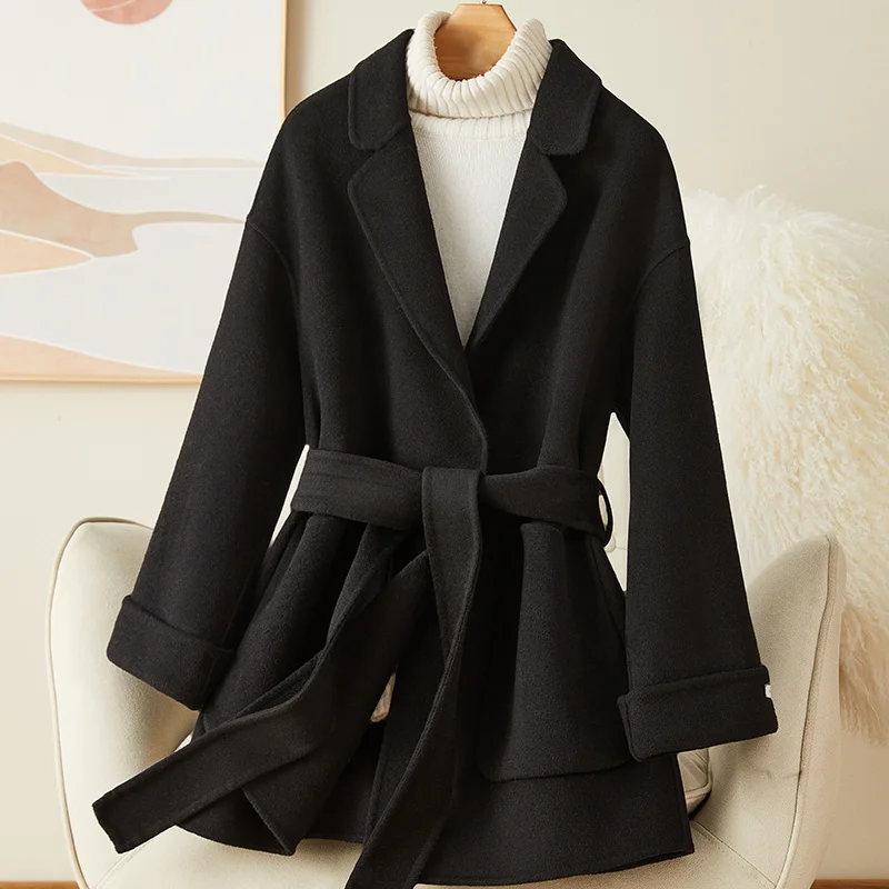 

2023 Autumn/winter New Black Double Sided Cashmere Coat Women's Short High End Small 100 Woolen Coat