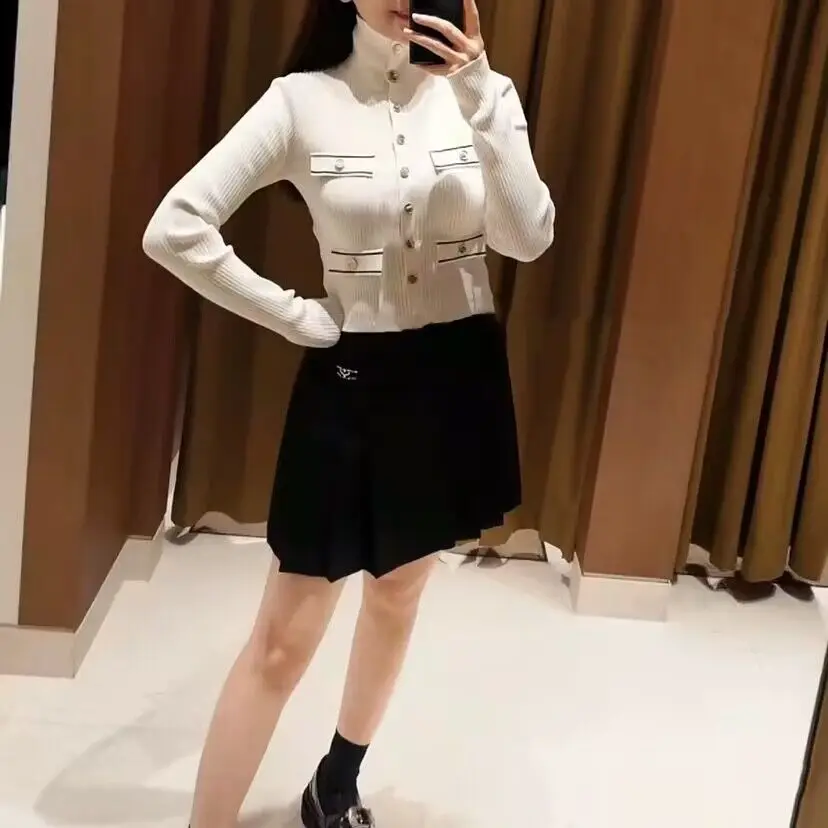 

Spring New 2024 Women Knitted Cardigan Long Sleeve Slim Single Breasted Turtleneck Tops Casual Ladies All-Match Short Jacket