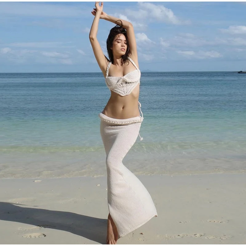 Sexy Bikini Long Skirt Set Women Sleeveless Backless Sling Vest Low Waist Hip Package Skirt 2025 Lady Holiday Beachwear Cover Up