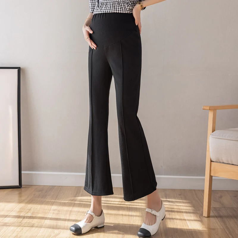 Black Grey High Waist Pregnant Women Trousers Summer Ankle-length Abdominal Flares Pants Front Split Maternity Boot Cut Culottes 2