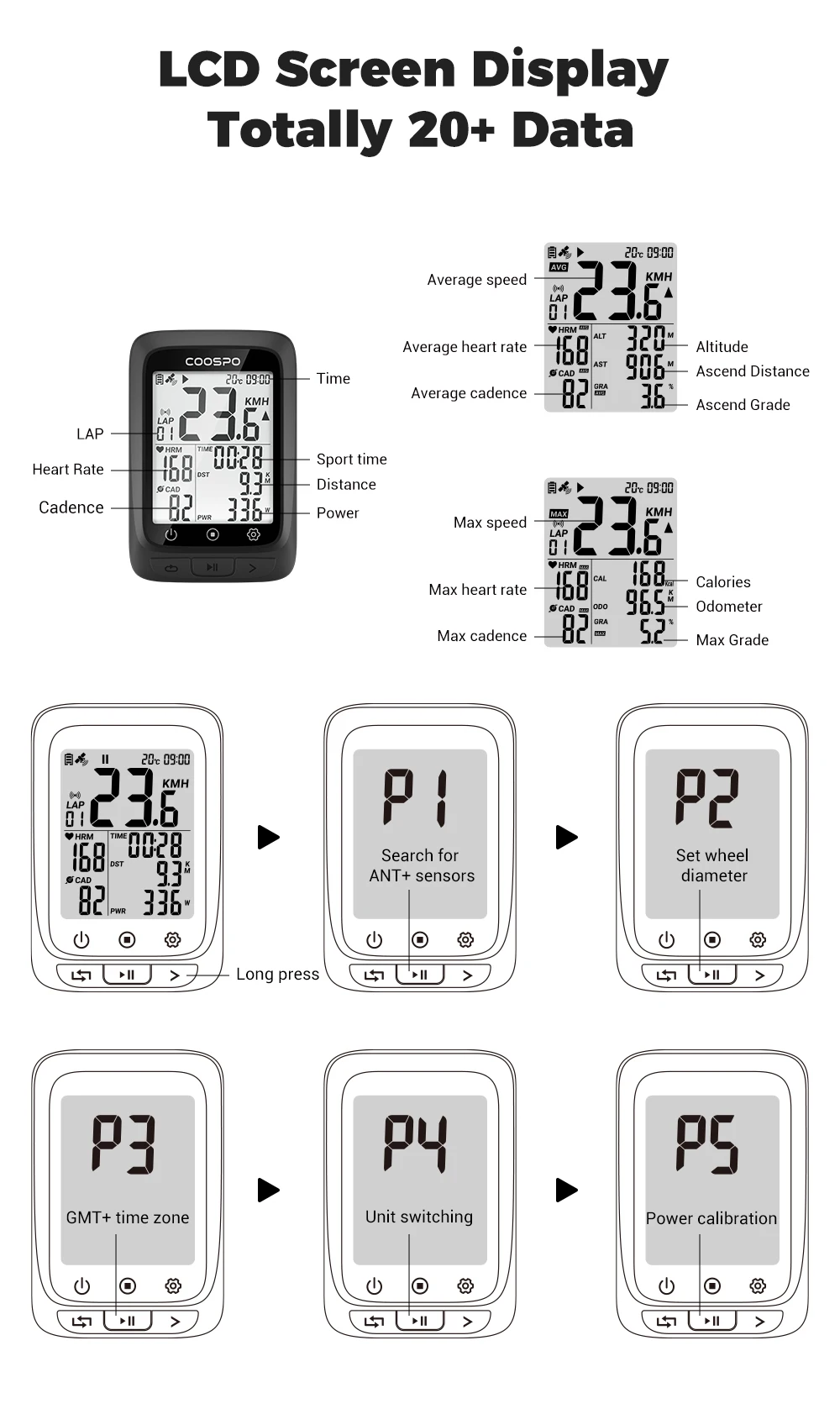 COOSPO BC107/BC26 Fahrradcomputer GPS Kabelloser Fahrrad-Kilometerzähler Tachometer 2,4" FSTN Bluetooth 5.0 ANT+ GPS BDS – Detail 7