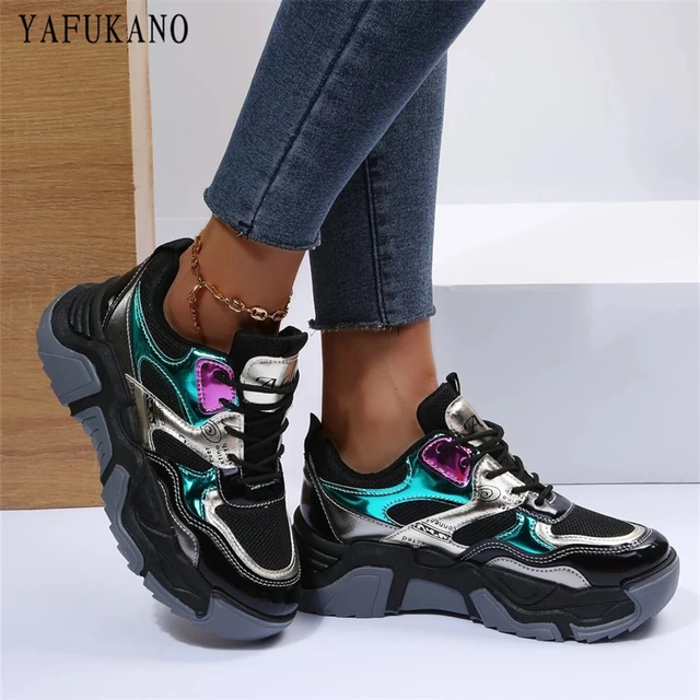 Metallic Colorblock Decor Lace-up Front Chunky Sneakers Holographic Detail  Letter Patch Platform Running Shoes Mesh Breathable