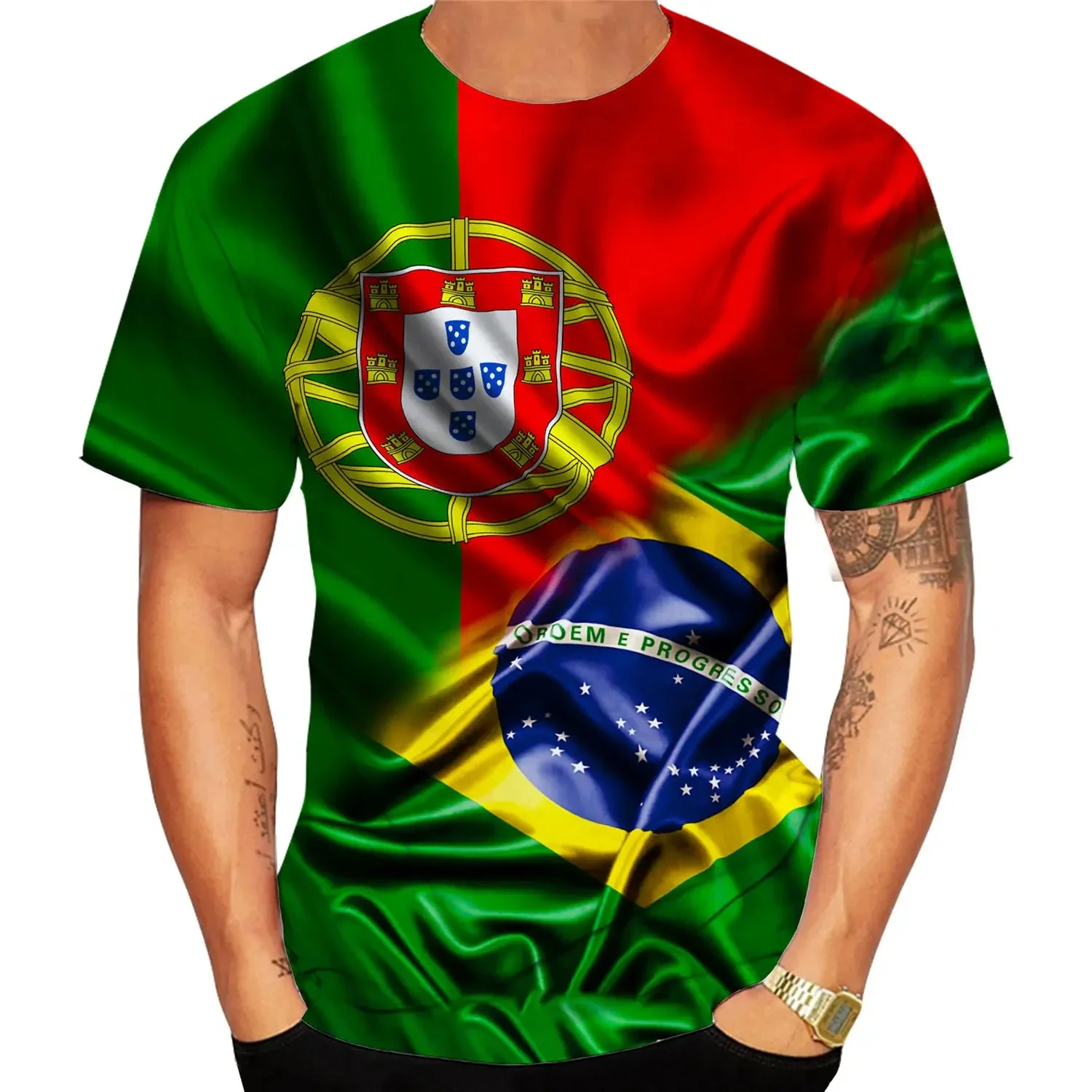 Sf681e1348cb14a179e90a406194bae46M Camiseta 3D Bandeira Portugal e Brasil — Unissexo, Manga Curta 2024