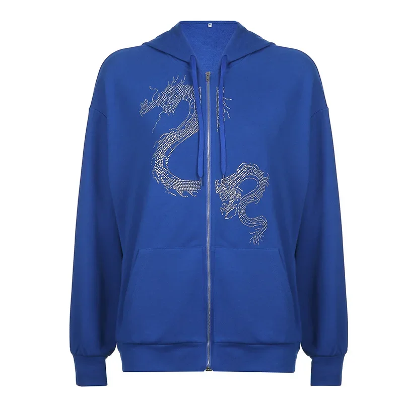 Chinese Style Dragon Pattern Hot Rhinestone Jacket Hoodie Women Loose BF 90s Aesthetic Long Sleeve Sweatshirt 2024 Autumn E Girl