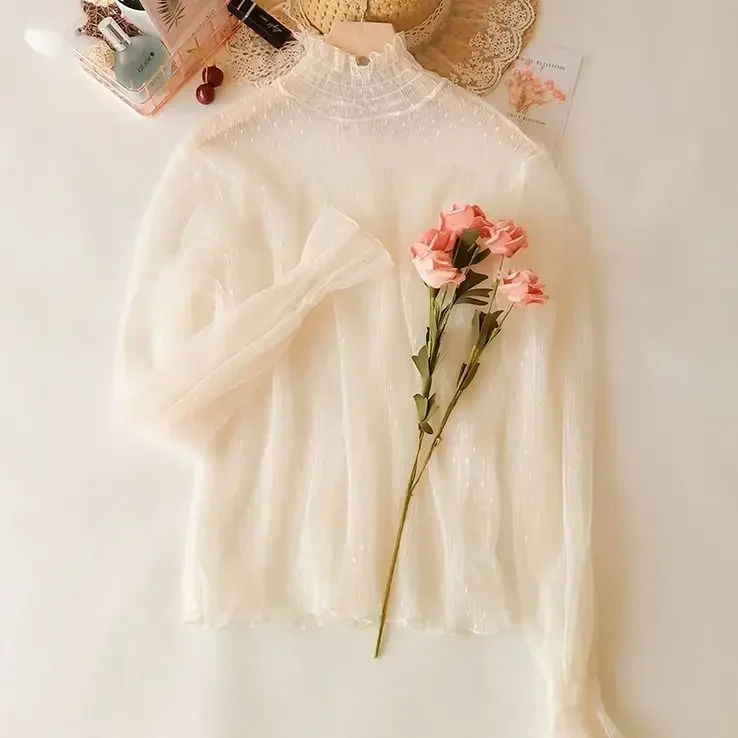 Blusa de verano con cuello alto y malla transparente para mujer, fina, ajustada, con encaje y mangas largas acampanadas