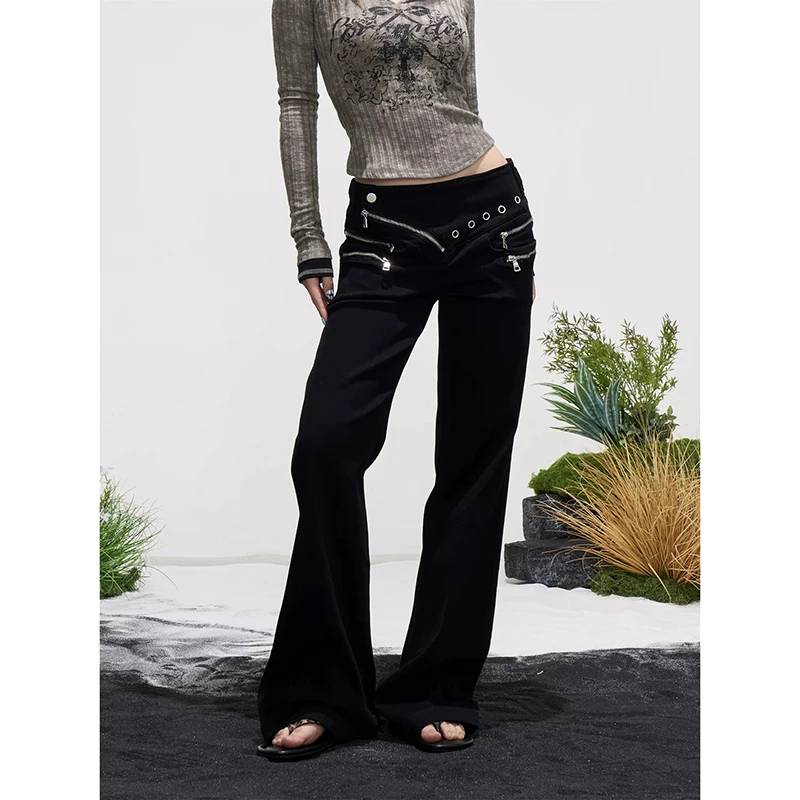 YIBASHU Women's Flare Jeans Low Rise Zipper Denim Pants Japanese Skinny Bell Bottom Abi Y2k Gyaru Stretch Cowboy American Retro 2
