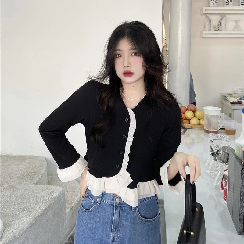Autumn New French Style Women Shirts Ruffles V-neck Long-sleeved Single Breasted Office Lady Blouse Daily Basics Tops Female