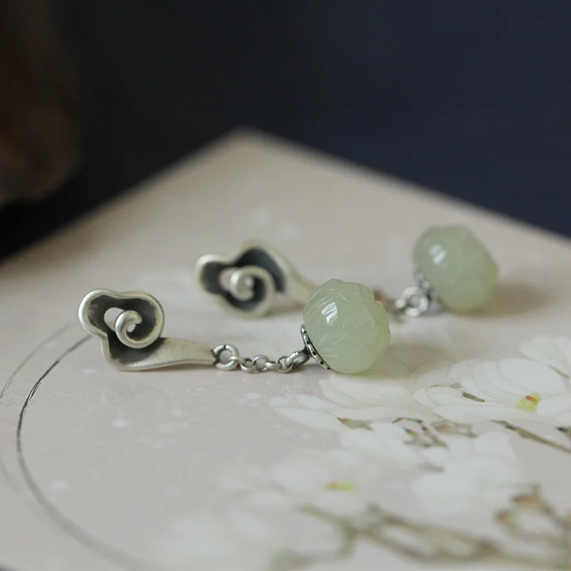 

S925 Silver Natural Hotan Jade auspicious clouds lotus flower earrings for women ethnic style retro Eardrop wedding jewelry