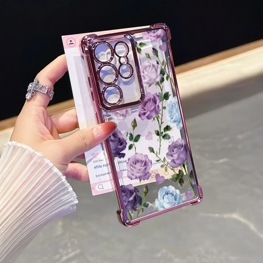 Electroplated Purple Rose Anti-Fall Clear Phone Case