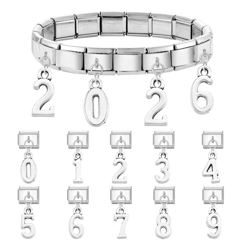 2026 Arabic Numerals Pendant Charm Links Bracelet Stainless Steel DIY
