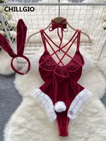 CHILLGIO Women Velour Strappy Bodysuits Fashion Erotic Suits Bodycon Backless Combination Catsuits Sexy Lace Patchwork Rompers - Image 2