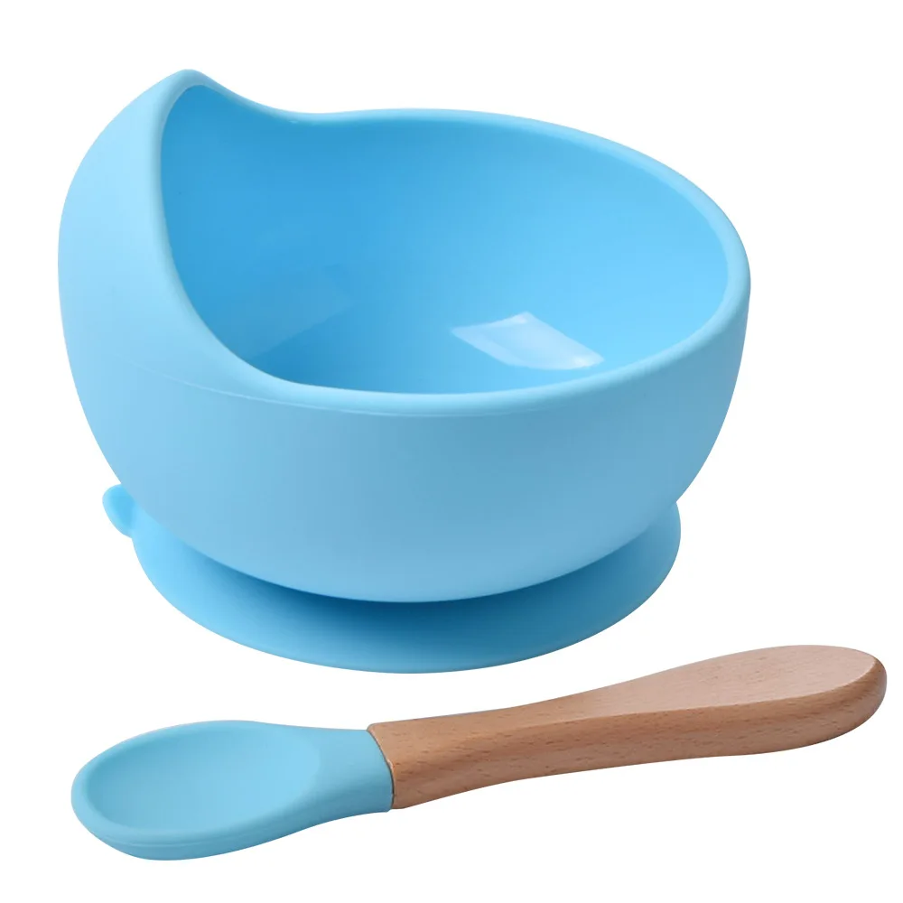 Baby Silicone Bowl Set BPA Free Non-slip Children's Suction Bowl Wooden Handle Silicone Spoon Food Grade Waterproof Tableware