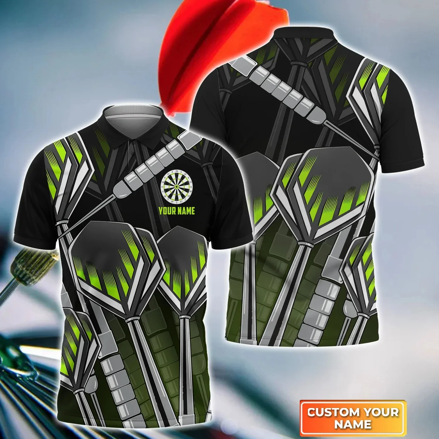 Brown Tattoo Darts personalisierter Name 3D-gedrucktes Sommer-Poloshirt Unisex Kurzarmhemden Geschenk für Dartspieler POL-45 – Detail 26