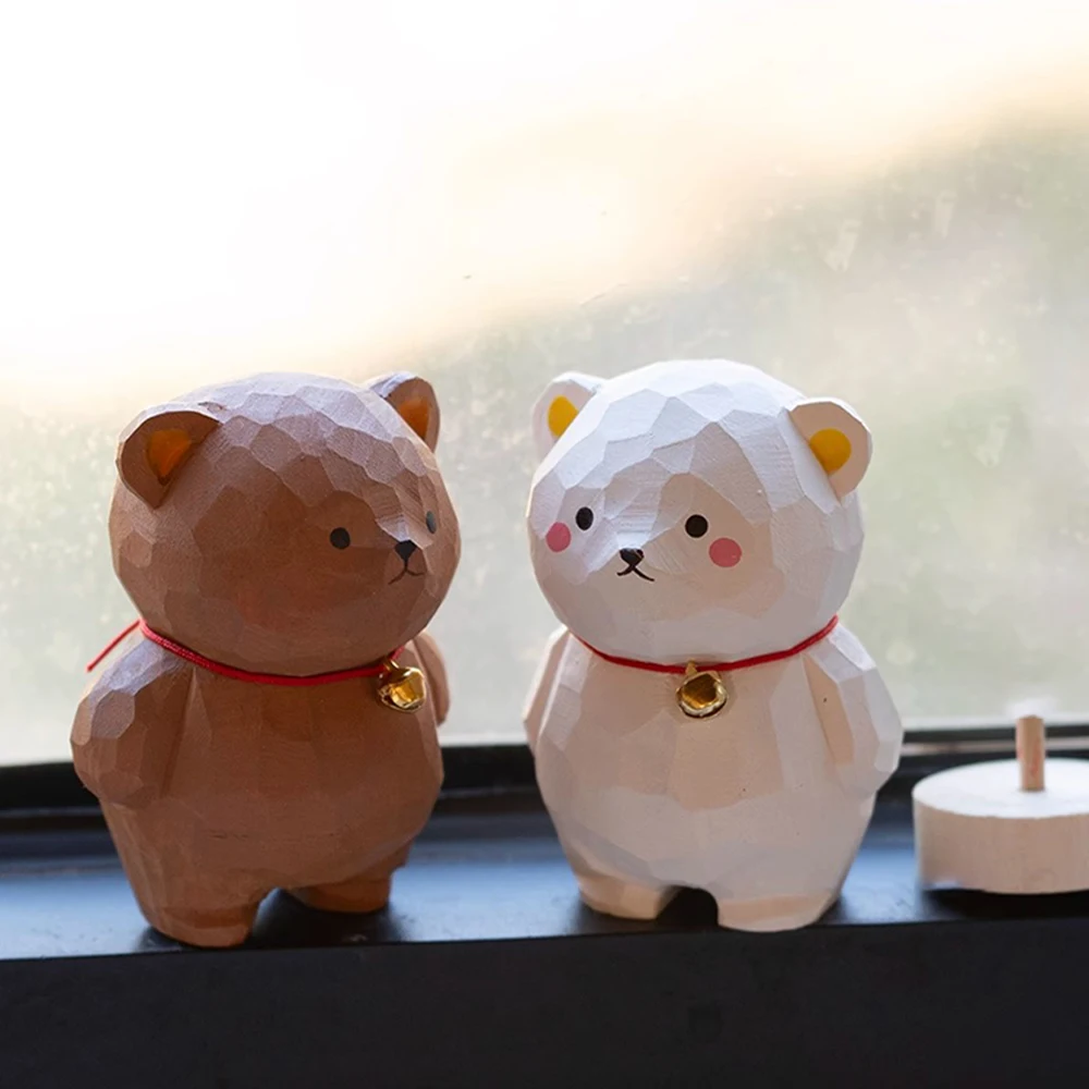 Charming Hand-Carved Wooden Bear with Bell - Natural Wood Figurine for Home Decor and Unique Gift
