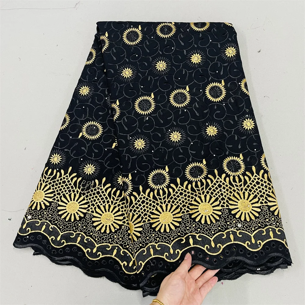 

2022 High Quality African Lace Fabric Cotton Fabric Embroidery Swiss Voile Lace WIth Rhinestones 5 Yards Lace Fabric h-0130