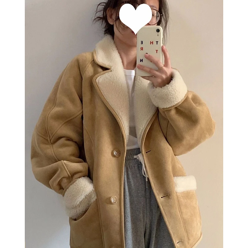 

GIDYQ Winter Thickened Lamb Fur Jacket Women Fashion All Match Suede Short Coat Casual Loose Warm Fleece Parka Outerwear New