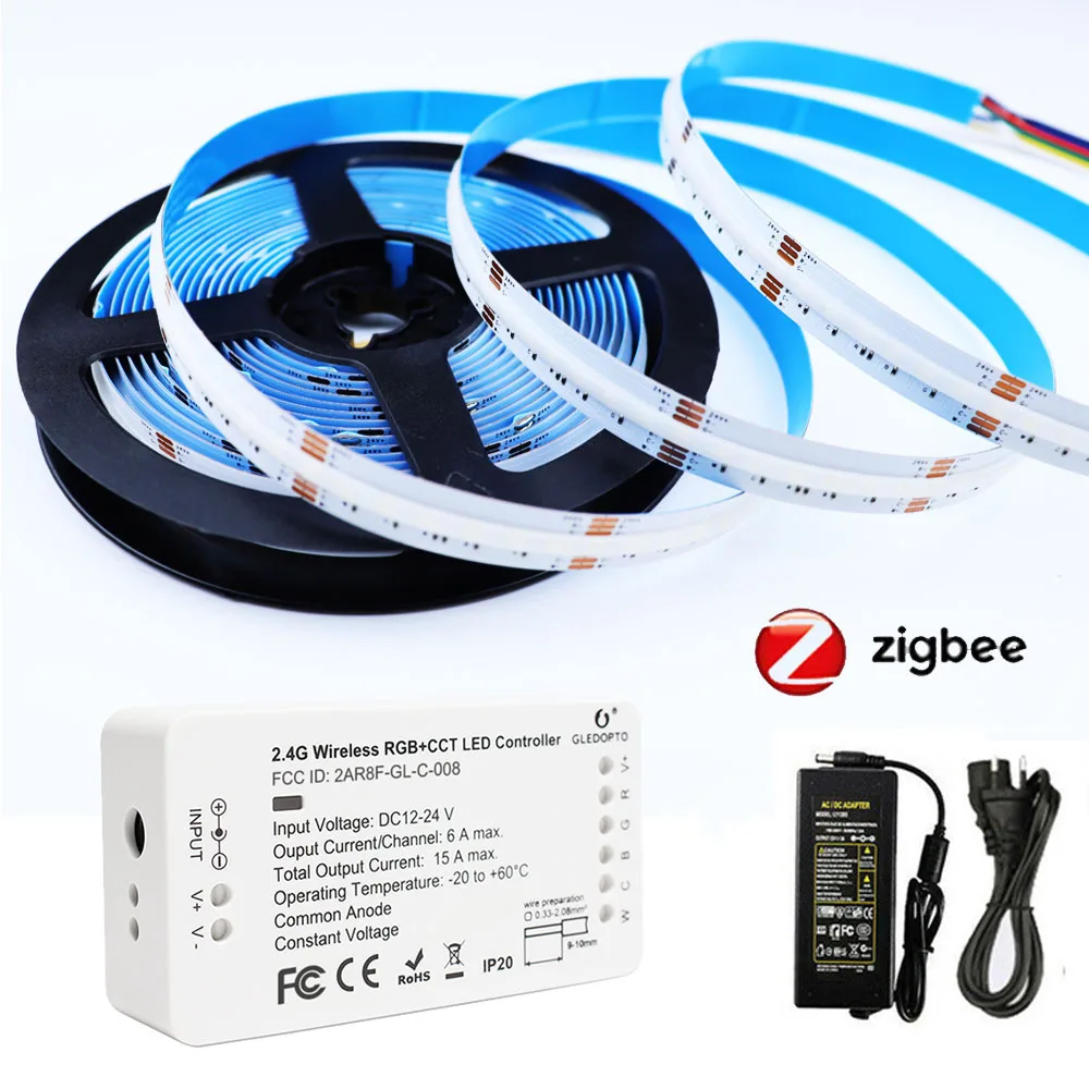 Gledopto Zigbee 3.0 RGBCW COB LED Strip 24V 5M RGB+CCT Colour Changing  Light Kit