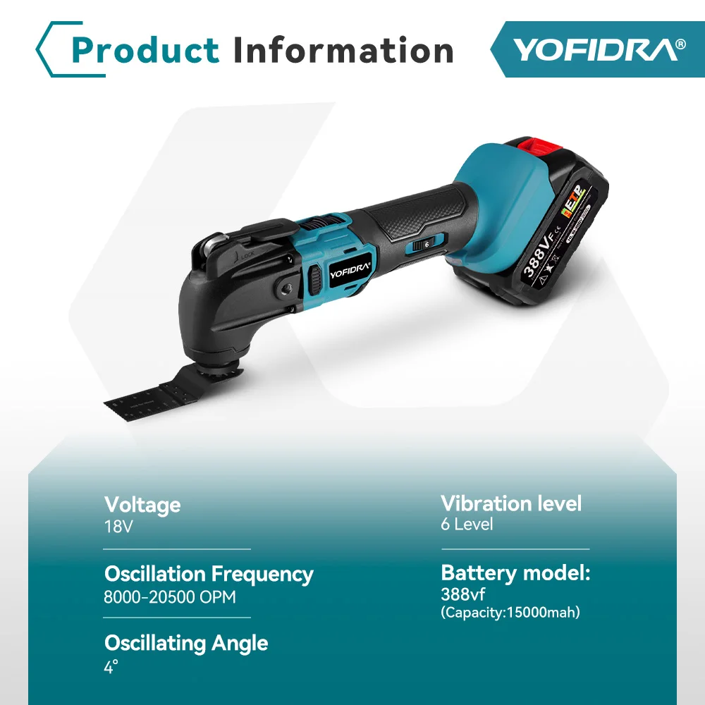 YOFIDRA Brushless Multifunction Oscillating Tool, electric saw trimmer shovel polisher woodworking compatible with Makita 18V battery pin - Image 6