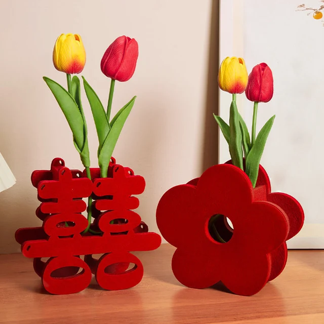 Creative Chinese Wedding Ornaments Vase 3D Red Flower Shape Nonwovens Flower Pot Retro Vases Home Party Room Decor Supplies