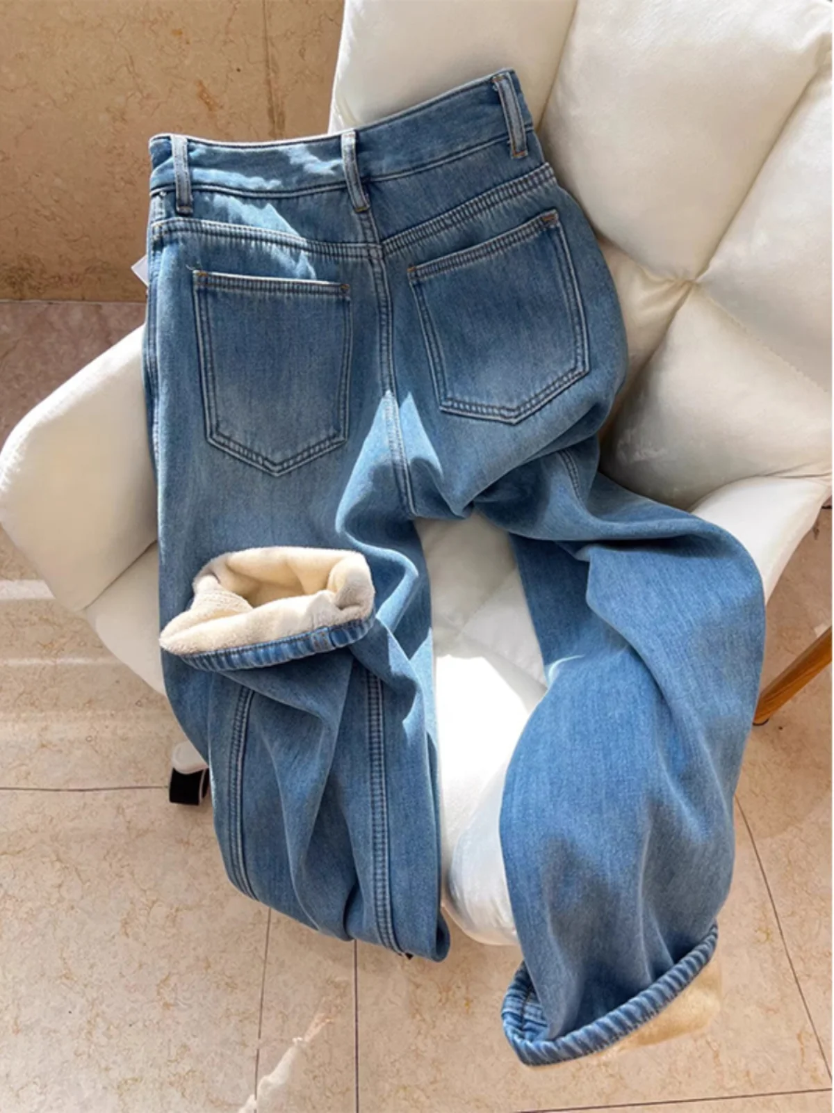 High Waist Fce Lined Thi Straight Leg Jeans Women's Autumn New Sle Loose Slim Wide Leg Pants Floor Length Trousers