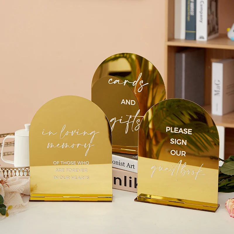Gold Mirror Acrylic Signage,Set of 3 Wedding Signs,Loving Memory Sign,Guest Book Sign,Cards & Gifts Sign,Gold Mirror Table Signs