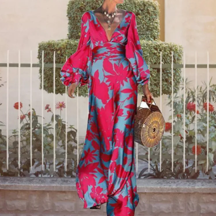 

2024 Summer High Waist Elegance Commuting Long Printed Lantern Sleeves V-Neck Dress