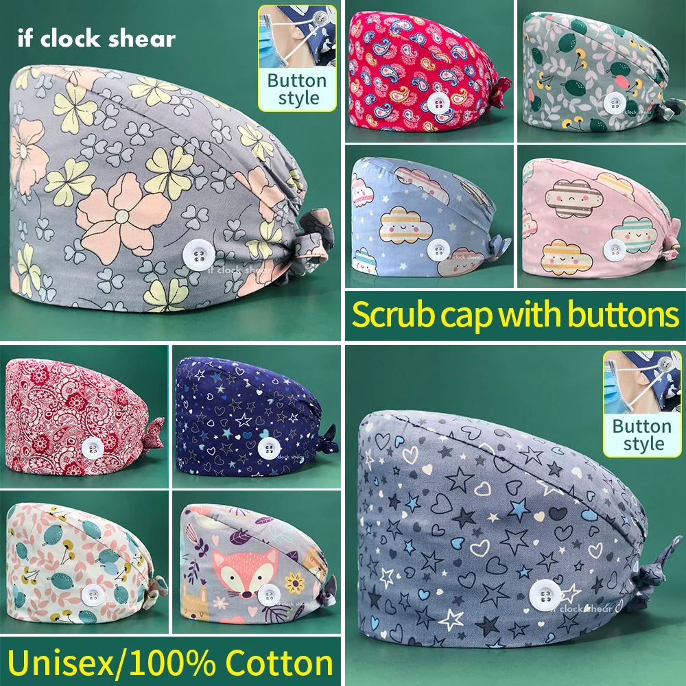 Unisex cotton adjustable scrubs hats Floral print medical caps dental