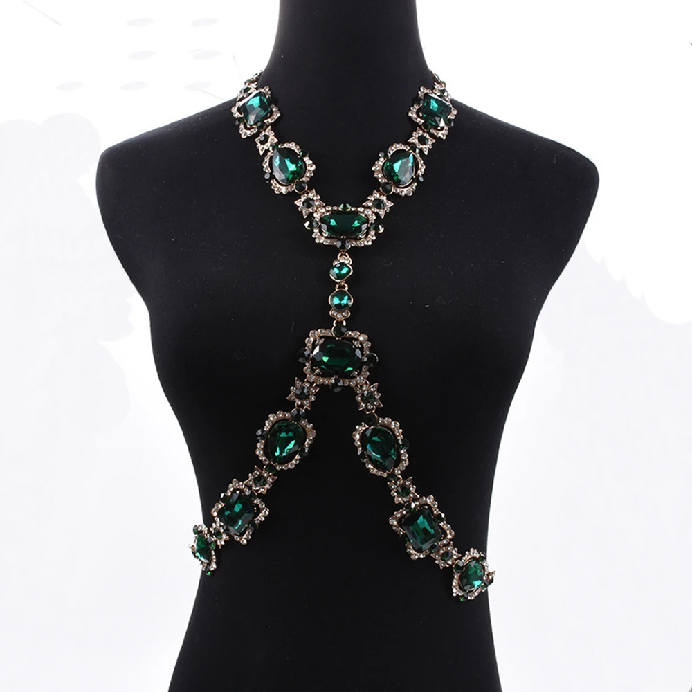 Green Gray Red Rectangle Glass Crystal Lady Body Chain Fashion Sexy Party Cross Neck Women's Statement Body Jewelry Accessories