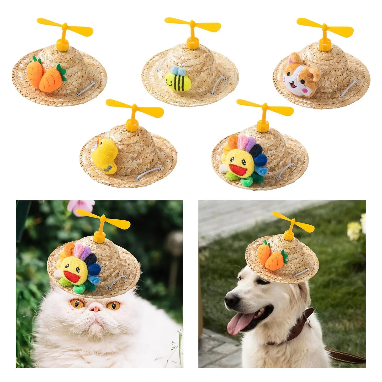Hand Woven Straw Hat Cat Hat Pet Ornaments Sun Protection Dog Hat Costume Accessory Decorative Hat for Summer Outdoor Walking