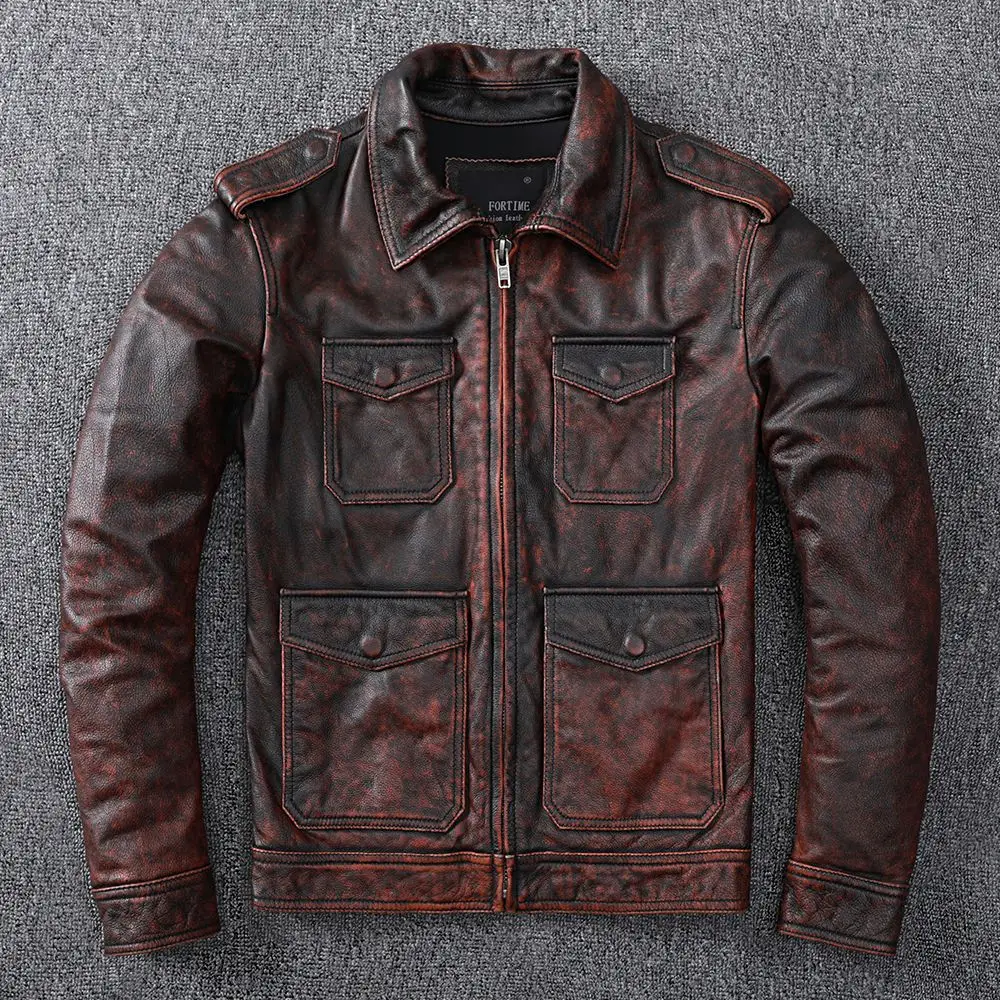 

2023 Fashion Hunting Cowhide Coat Men's Genuine Leather Jacket Vintage Style Man Leather Clothes Motorcycle Biker Oversized