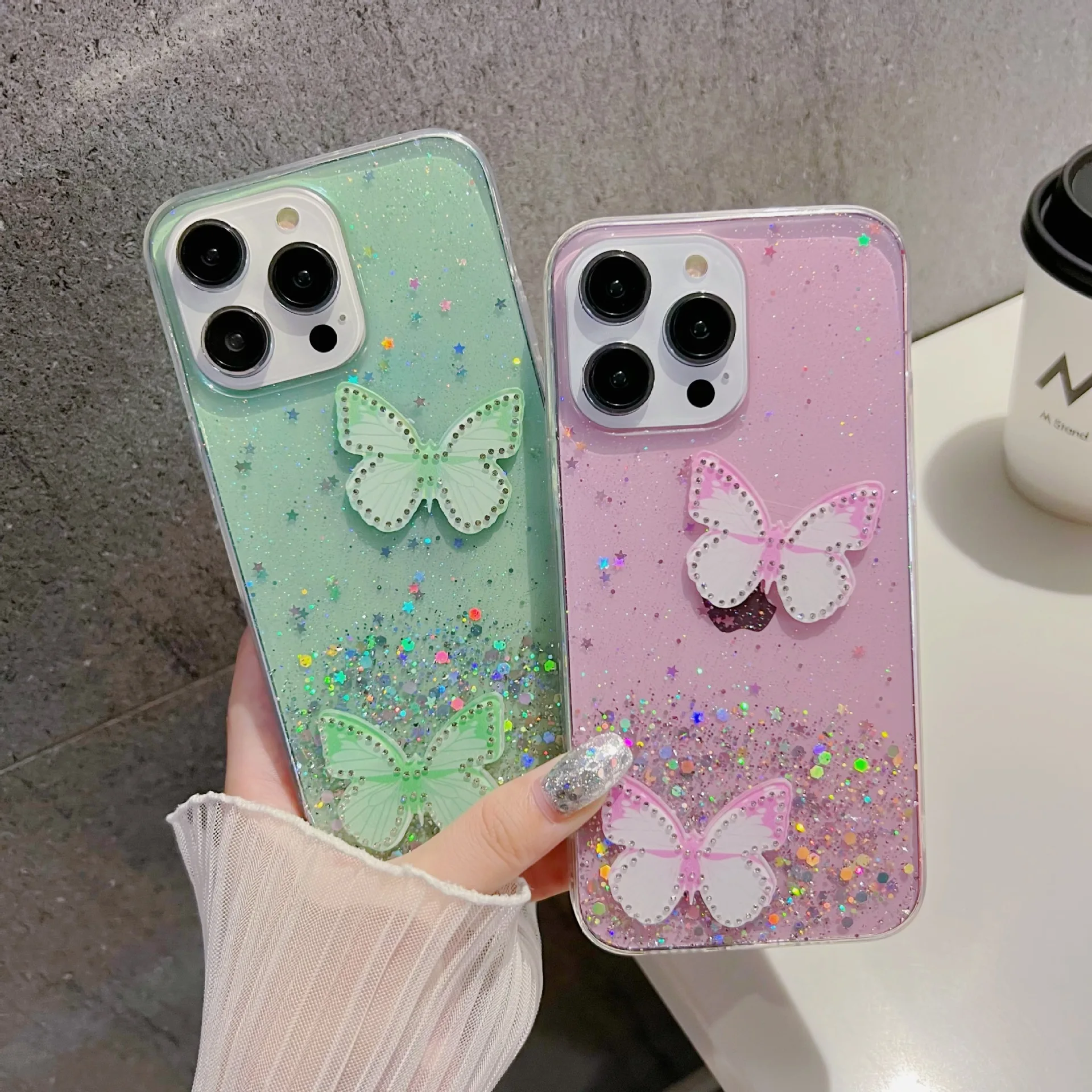 Vibrant Pink Butterfly & Starry Sky Semi-Transparent Shockproof Phone Case