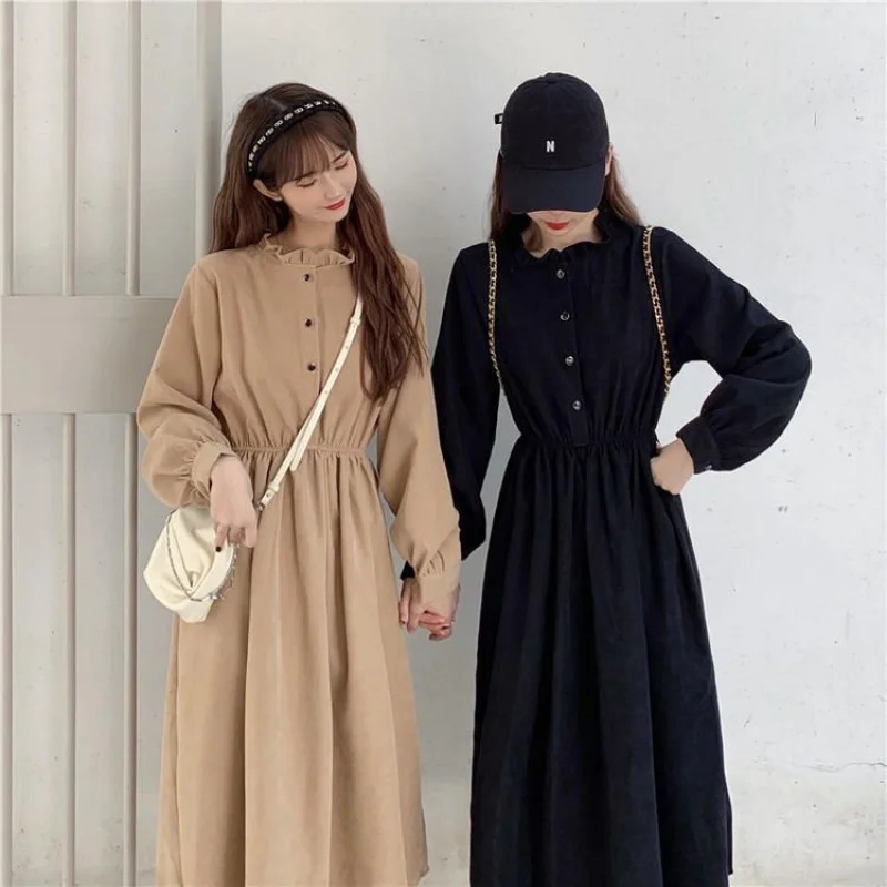 

spring and autumn casual dress for women Fashion Korean style slim fit midi dress female Fungus Waist vintage Long Sleeve Dress