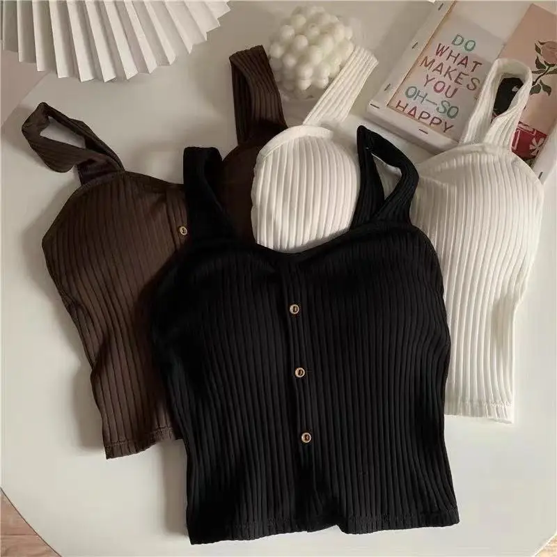 

New Slim Solid Color Trend Sling Summer New Button Patchwork All-match Youth Short Bottoming Tops Sexy Fashion Women Clothing