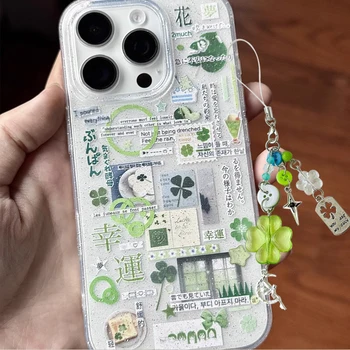 Japanese Green Clover Sparkling Pink Cartoon Lucky Phone Case For iPhone 17 Air 16 15 Pro Max 14 13 12 11 XR 7 8 Plus Y2K Cover 1