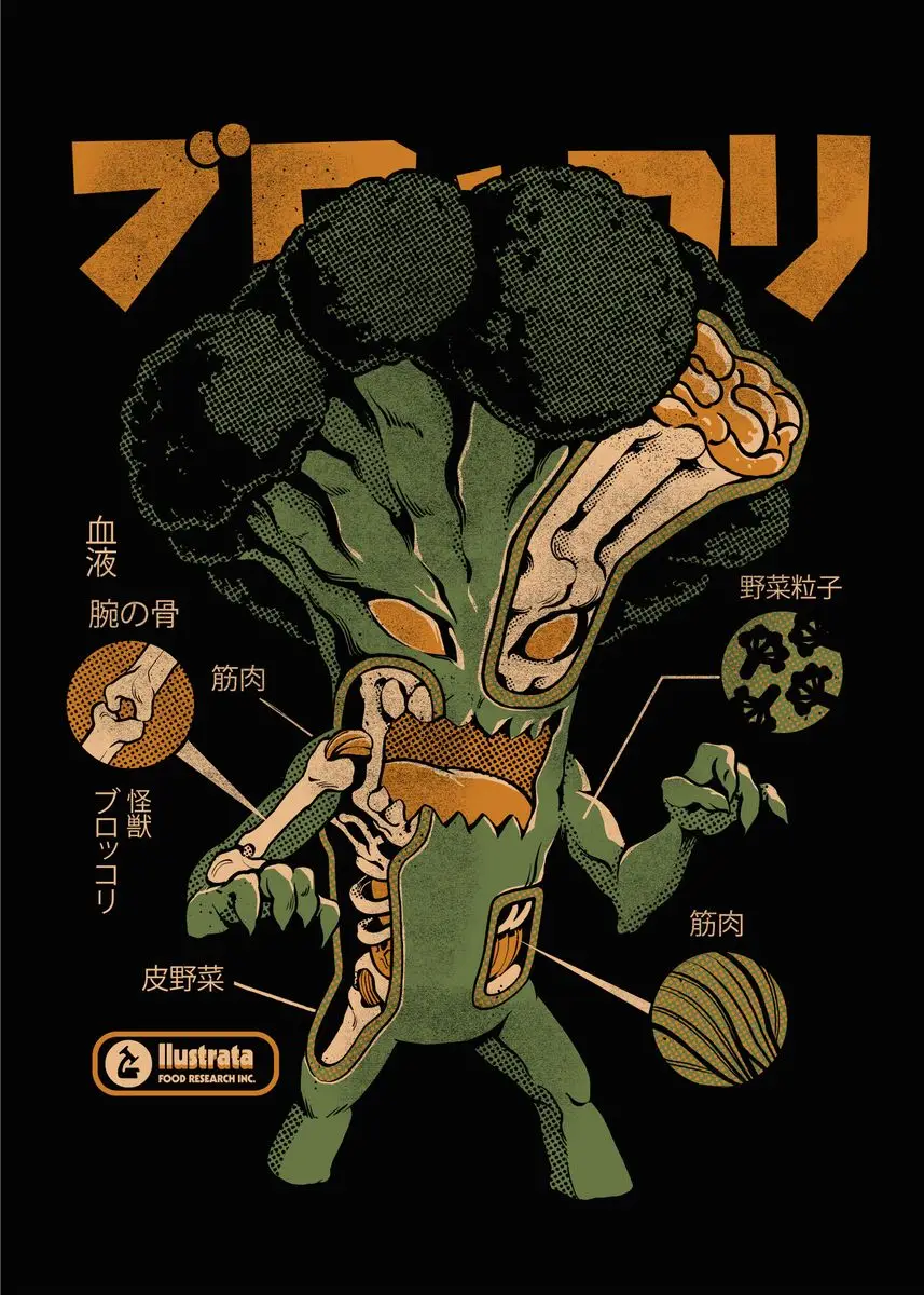 Vintage Japanese Kaijus Food Art Canvas: Sushi, Ramen, and Burgerzilla Poster
