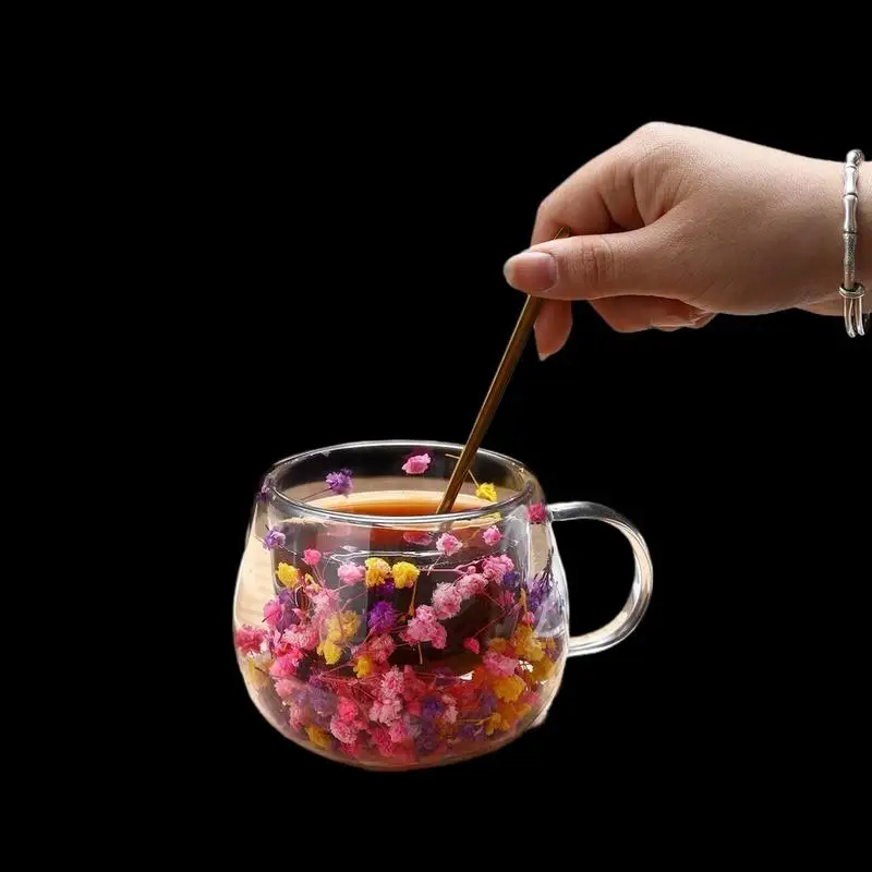 Elegant Double-Layer Glass Cup with Dried Flower Embellishment, Heat-Resistant