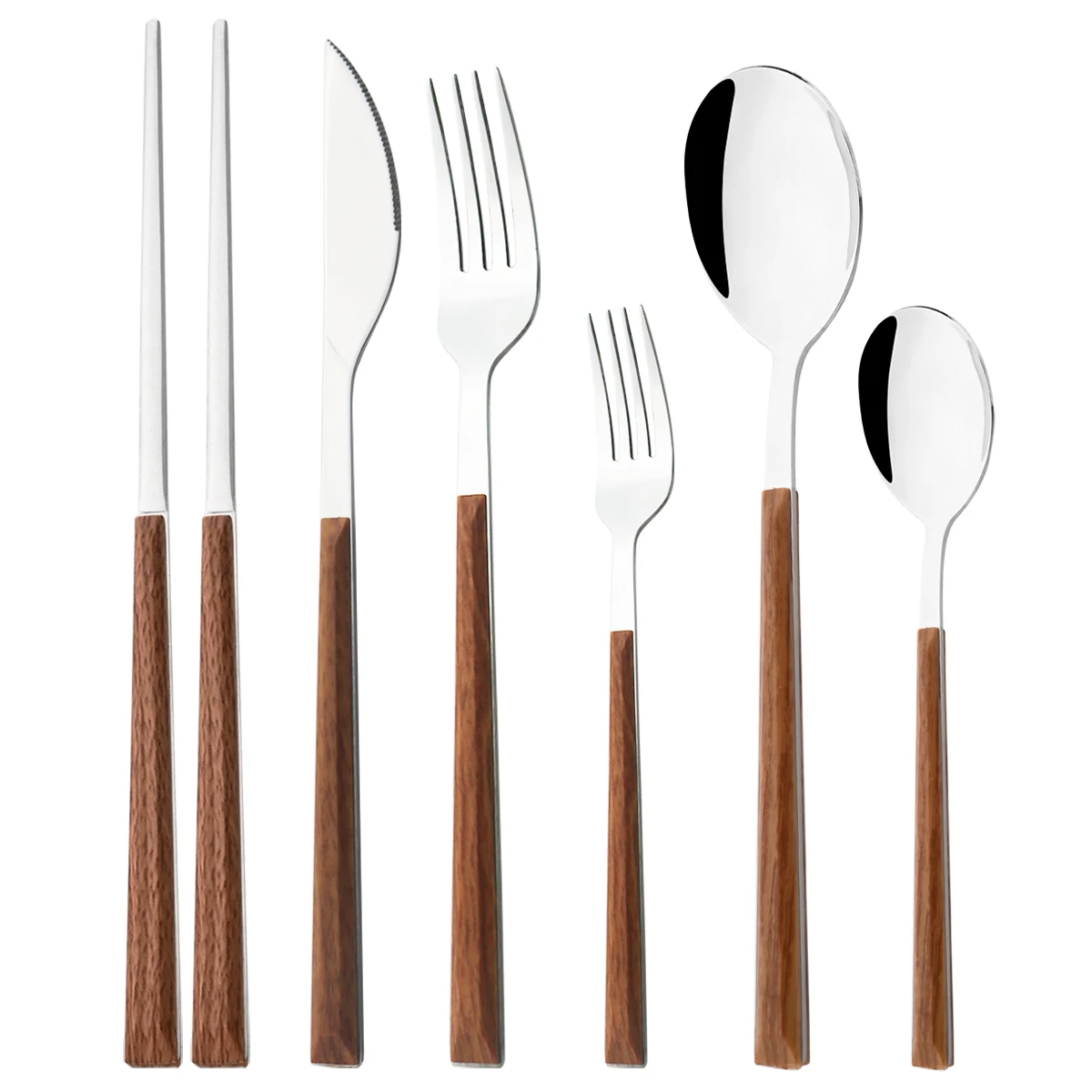 6Pcs Wood Handle Cutlery Set Steak Knife Fork Tea Spoon Chopsticks Dinnerware Stainless Steel Tableware Western Kitchen Flatware