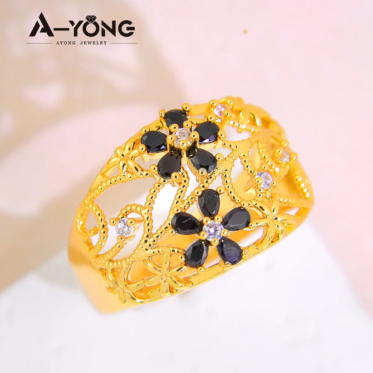 Arabische Braut-Eheringe 21k Vergoldet Nigeria Vintage Zirkonia Blumenring Oman Islamischer Damen Alltags- und Partyschmuck – Detail 8