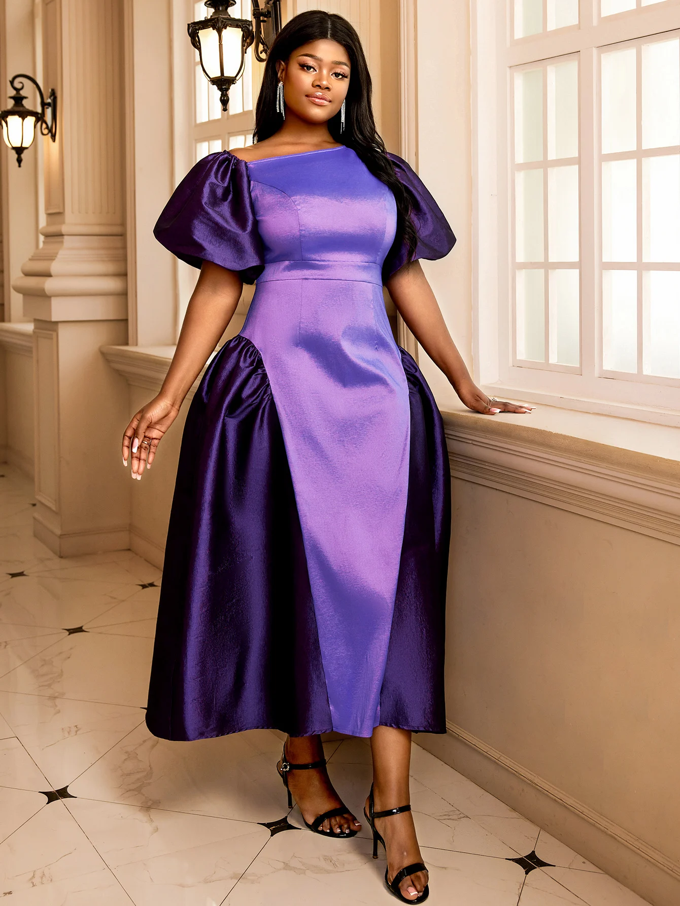 

Plus Size Women Evening Cocktail Party Dresses Cold Shoulder Short Puff Sleeve Color Block Purple A Line Elegant Long Gowns New