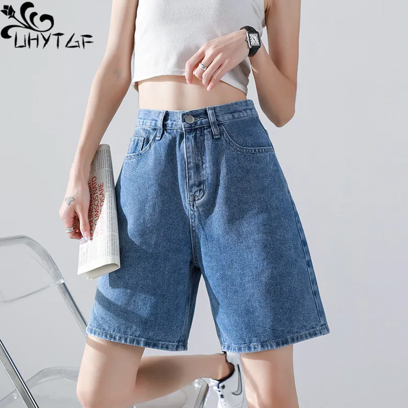 

UHYTGF Five Points Denim Shorts Women Summer Thin Model 2023 New High Waist Loose Wide Leg Ladies Clothing Leisure Mid Pants 217