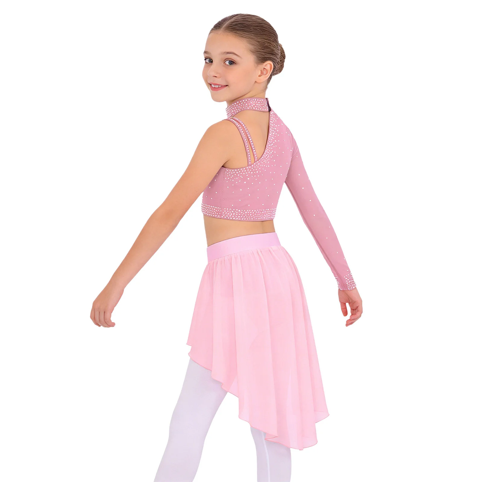 Kinder Mädchen Ballett Lyrical Dance Performance Kostüm Glitzernde Strasssteine Tops Unregelmäßige Schulter Crop Top mit High-Low Rock – Detail 7