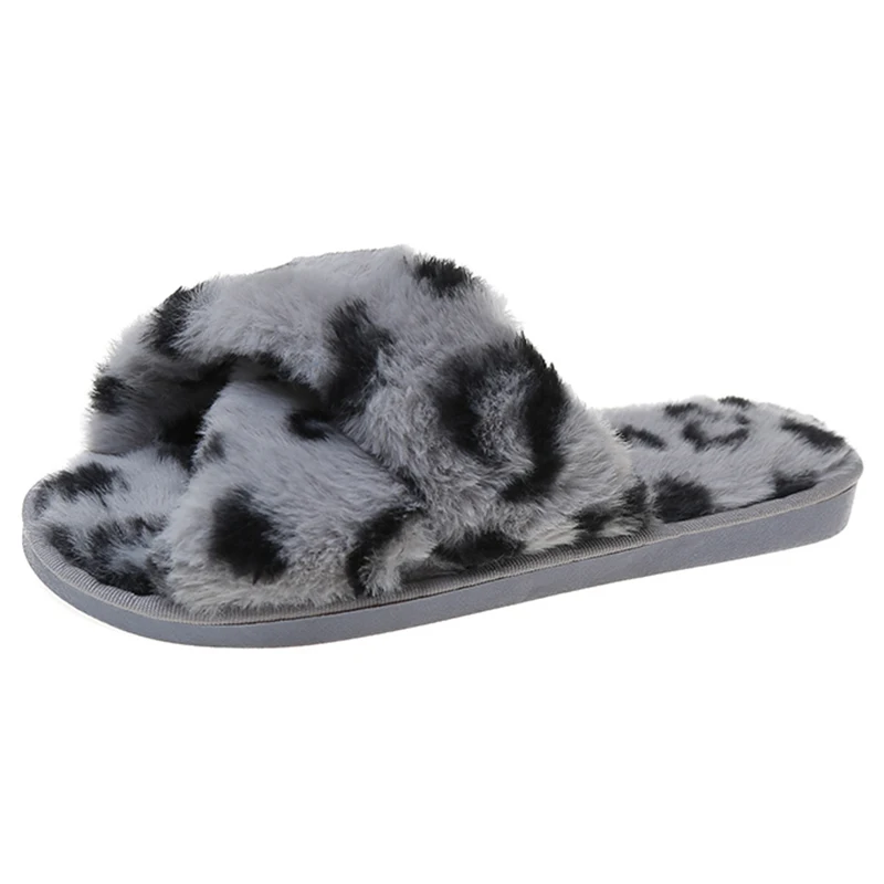 2022 New Leopard Pattern Bedroom Slippers Women Fluffy Slippers Indoor Cross Flat Warm Plush Shoes Women Open Toe Slippers indoor fur slippers Indoor Slippers