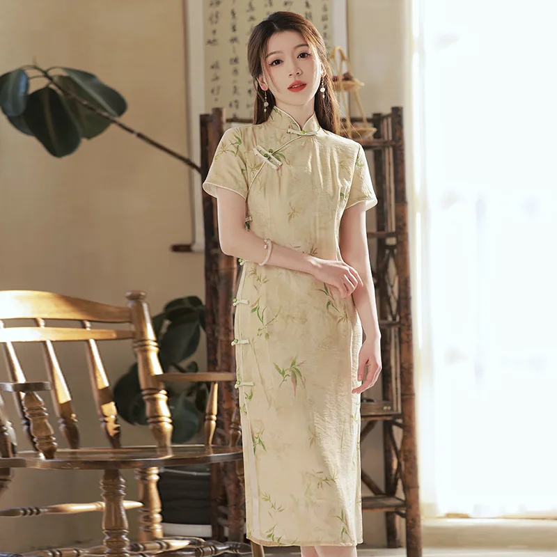 

Vintage Short Sleeve Cheongsam Summer Elegant Improved Chinese Style Women Button Long Qipao