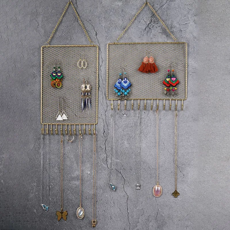 Jewelry Organizer Wall Rack, Grid Style Hanging Display Shelf, Earring and Necklace Holder, Stylish Accessories Storage