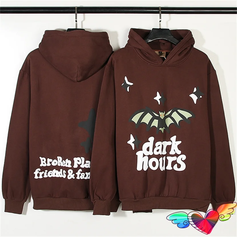 

2023 Broken Planet Dark Hours Hoodie Men Women Fleece BPM Hoodie Brown Hooded Sweatshirts Foam Print Bat Pullovers