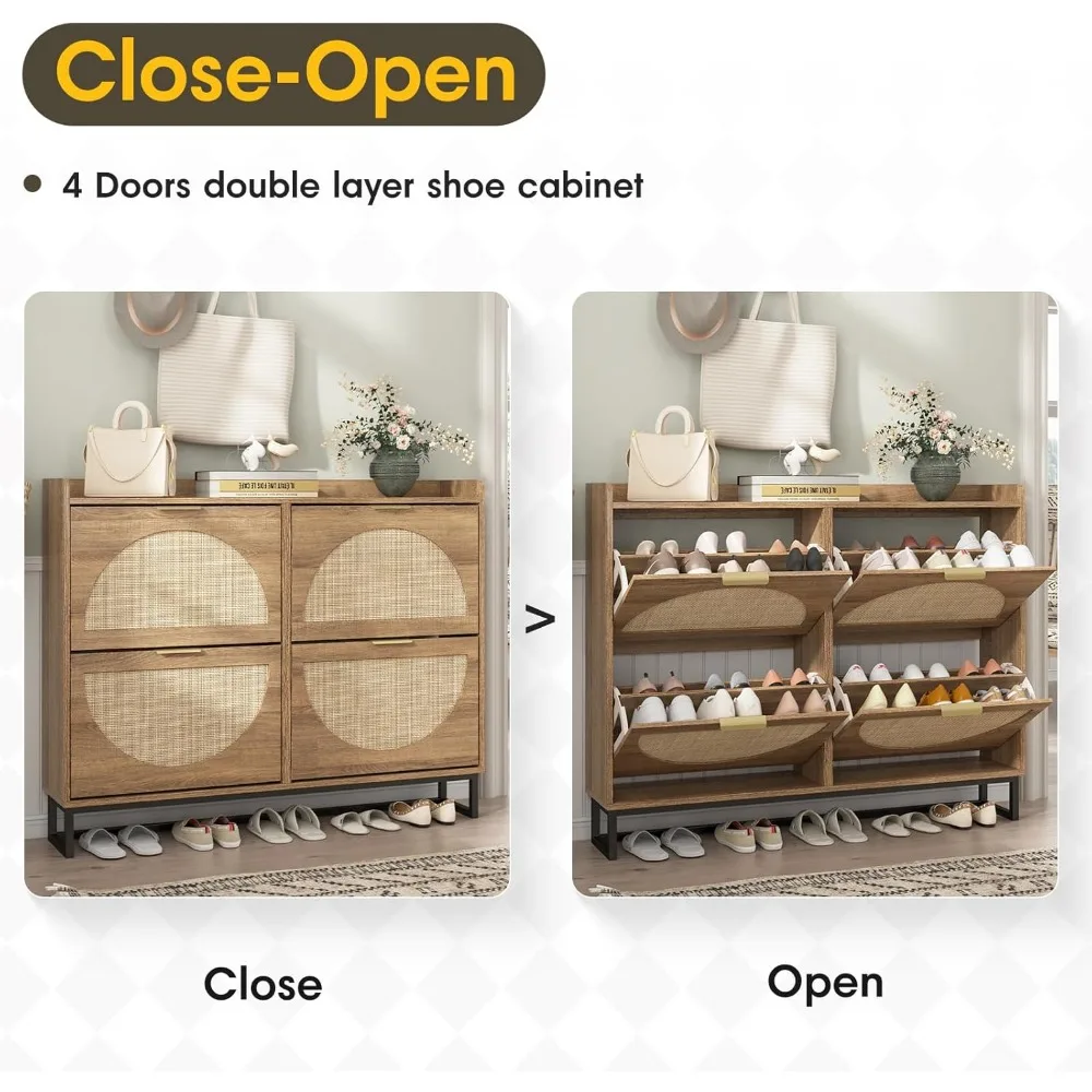 Rattan Shoe Storage Cabinet with 4 Flip Drawers, Freestanding Shoe Organizer with Metal Legs for Entryway, Rustic Oak Rattan 4